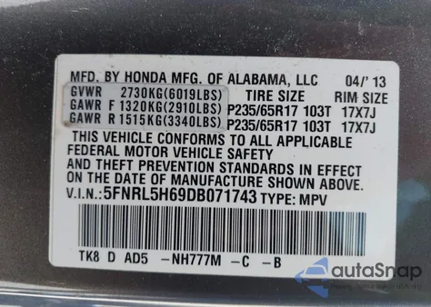 2013 Honda Odyssey Ex-L from USA, damaged, VIN 5FNRL5H69DB071743